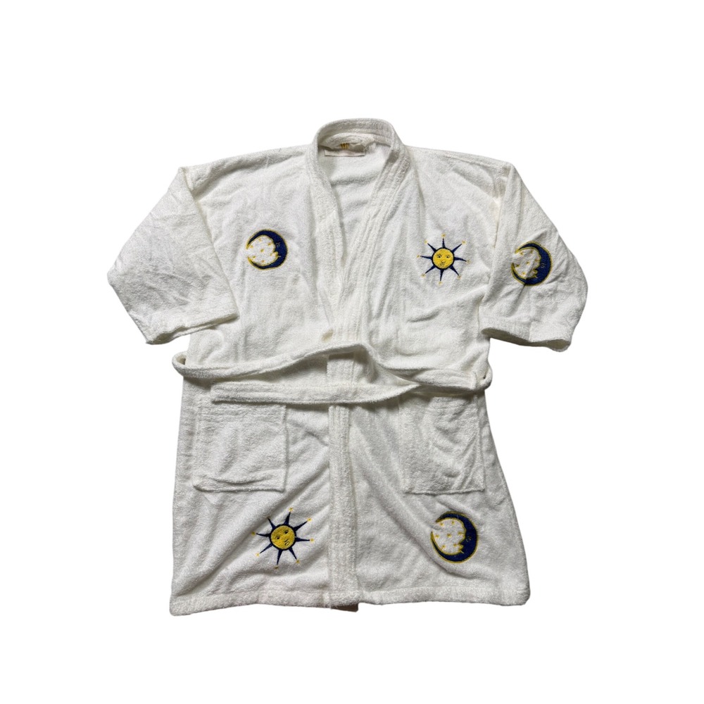 Vintage 90s Stan Herman Terry Cloth Robe Celestial Sun Moon White Bathrobe XL